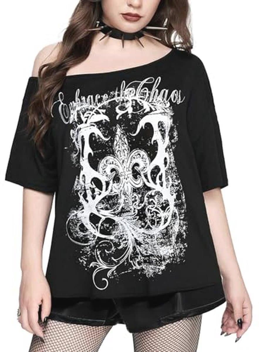 Gothic Off-Shoulder T-shirt voor Vrouwen - Punkstijl Grunge Top met Korte Mouwen — afbeelding 1