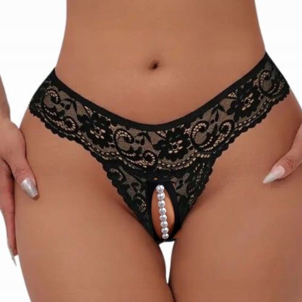 Sexy Kanten String met Parels & Open Kruis - Maat XL - Zwarte Crotchless Erotische Lingerie met Stimulerende Parelketting — afbeelding 1
