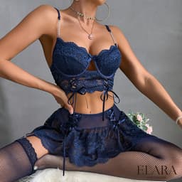 Elara - Alina - Luxe Lingerieset Dames - Lingerie Erotisch - Sexy Lingerie - 4-delige set - Blauw - Met Rokje 3837-S — thumbnail 7