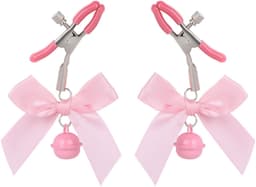 Oneay Tepelklemmen set van 2 stuks – Verstelbare RVS klemmen met ketting en bel – Accessoire voor volwassenen – Roze — thumbnail 1