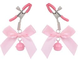 Oneay Tepelklemmen set van 2 stuks – Verstelbare RVS klemmen met ketting en bel – Accessoire voor volwassenen – Roze