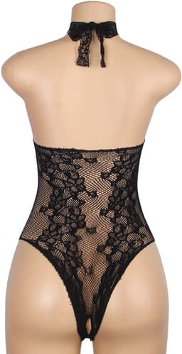 Sexy Lingerie - Erotische Zwarte Halter Strapless Bodystocking van Kant - Open kruis - Sexy Teddy - Kanten Body - Erotiek - Valentijnsdag - Kleur Zwart - Maat S-M — thumbnail 4