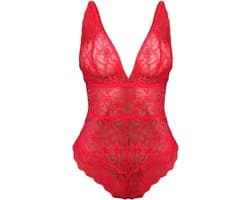 Kanten bodysuit - Body kant - Mesh lingerie - Lace - Sexy body - Dames - One size - Rood - Jonyx