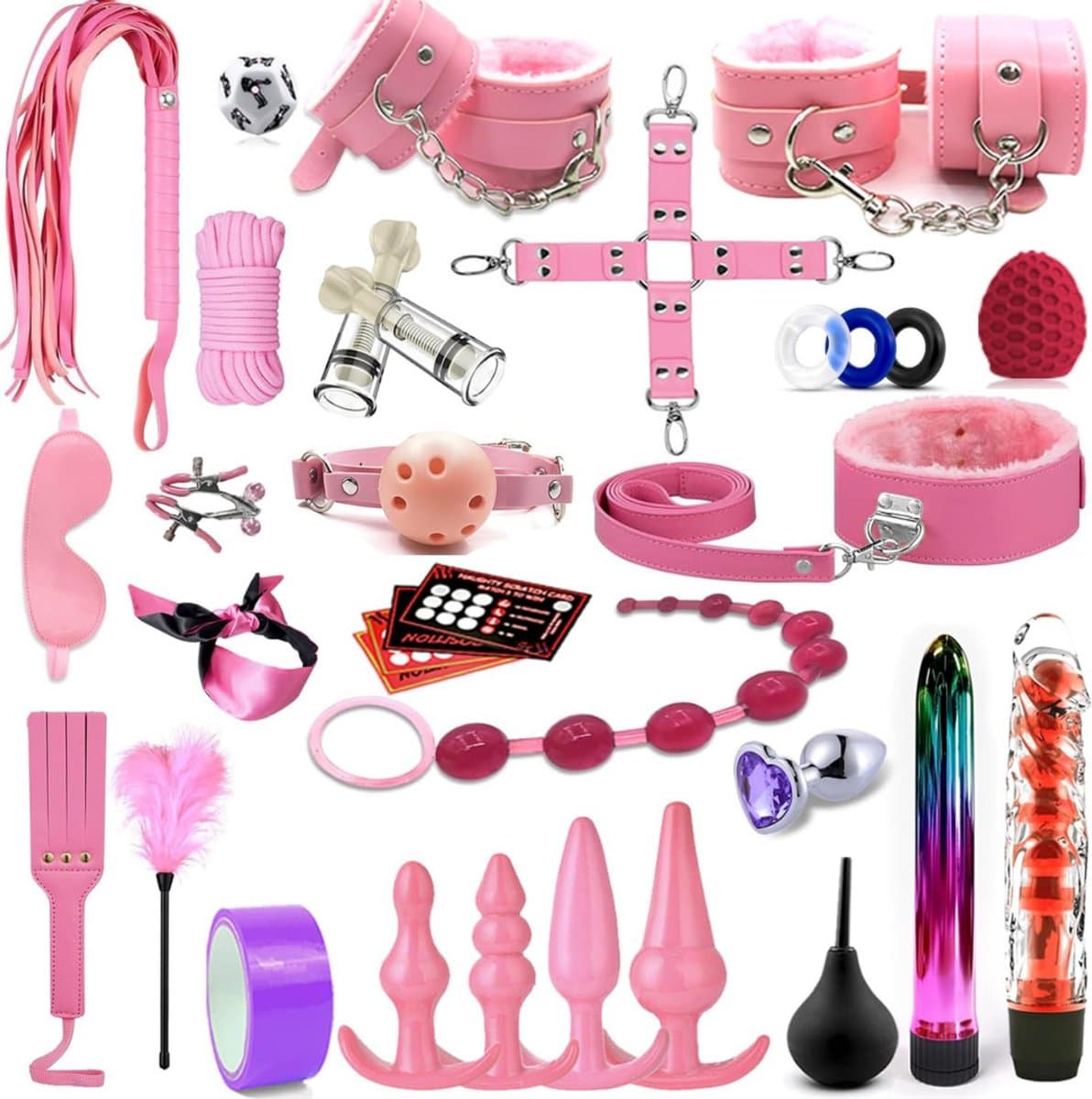 BDSM Extreme - Sex Toys voor Koppels - 33 Stuks - Seksspeeltjes voor Koppel - Zweepje Seks - Shibari Touw – Bondagesets – Dildo’s - Sexspeeltjes voor Koppels - Couple Games – Bondagesets – Boeienset, Handboeien, Tepelklemmen, etc - Roze — afbeelding 1