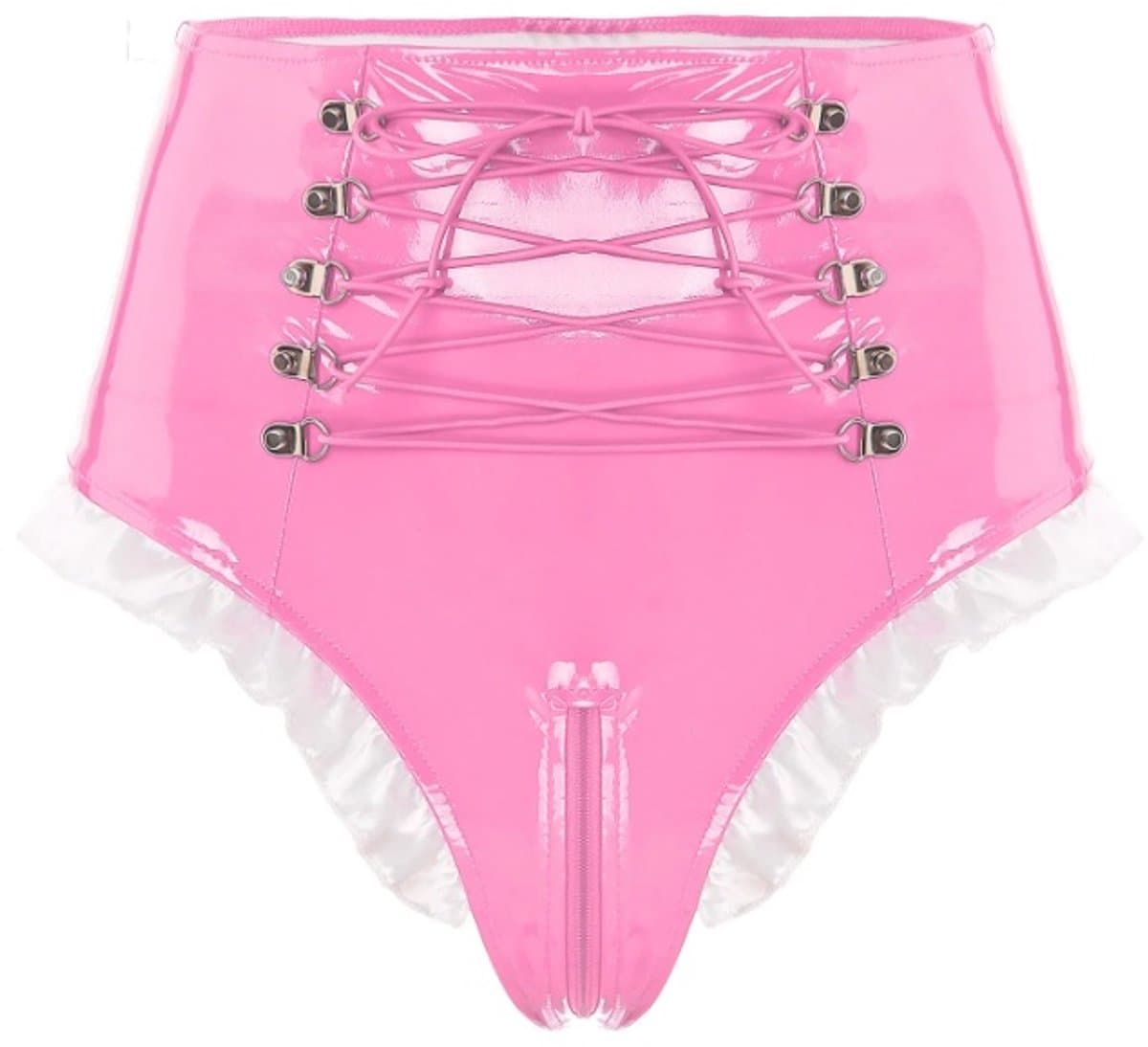 BamBella® Slip Onderbroek - Maat S/M - Erotische Sexy BDSM Lingerie Dames - Roze rits ondergoed Datex mix latex en stof wetlook open kruis — afbeelding 1