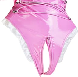 BamBella® Slip Onderbroek - Maat S/M - Erotische Sexy BDSM Lingerie Dames - Roze rits ondergoed Datex mix latex en stof wetlook open kruis — thumbnail 5