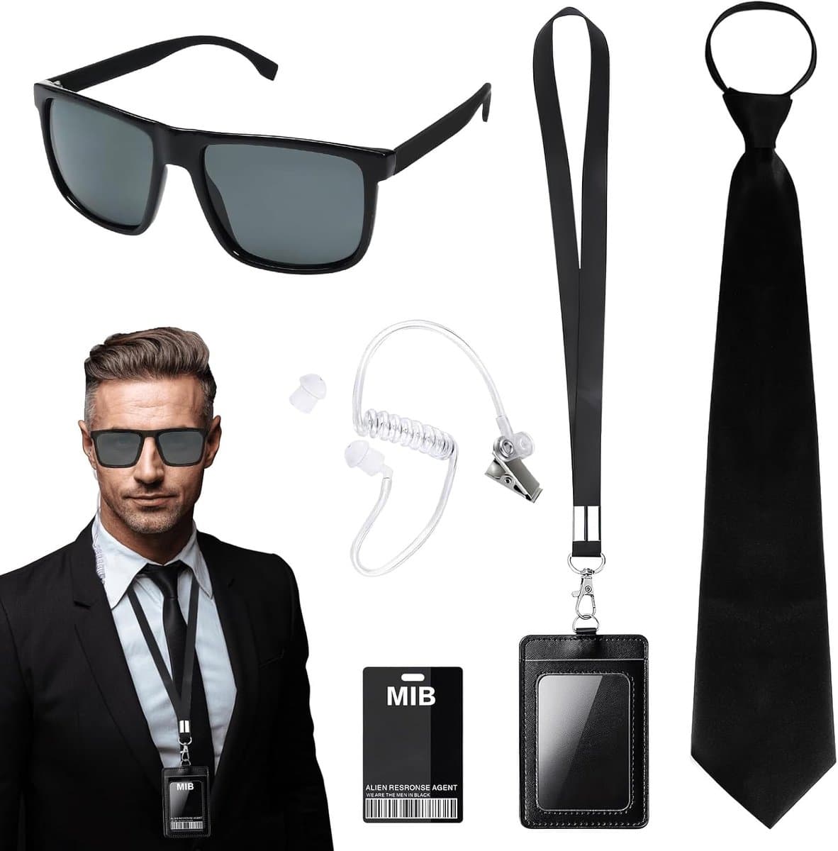 Agent Costume Accessory Set, Men in Black Fancy Dress Including Black Sunglasses, Tie, Earphone, ID Card & Card Holder - ShopVlot — afbeelding 1