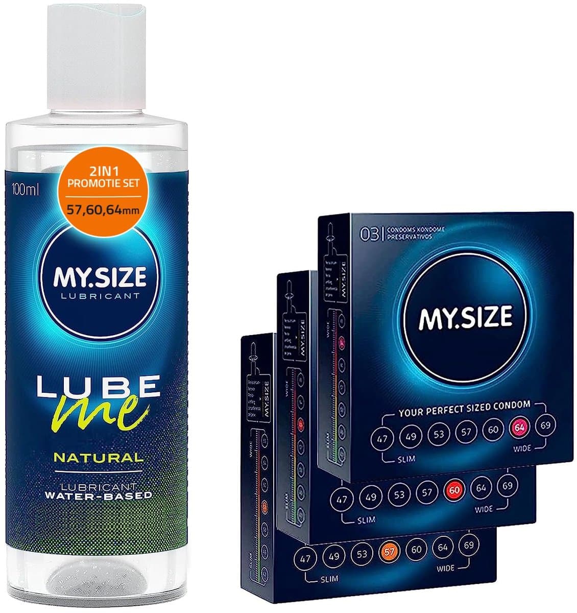 MY.SIZE condoom- + glijmiddelset met 100 ml Lube Me Natural & 3x3 condooms 57, 60, 64 mm breed | Glijmiddel op waterbasis | Glijmiddel geschikt voor toys & latexcondooms — afbeelding 1