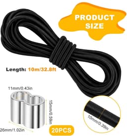 Elastisch koord, rubberen touw, 10 mm x 10 m zwart, elastische spanner voor zeilen met 20 klemmen, rekbaar latexrubber voor zeilen, aanhangers, boten, kamperen — thumbnail 4