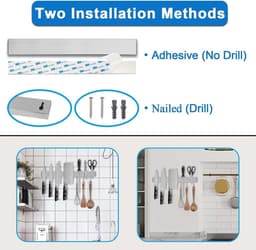 [Verbeterde 60 cm] Trhillsbrad magneetstrip mes, 60 cm messenhouder magnetisch met 3 haken roestvrij staal messenlijst zelfklevend, zilverachtig wandhouder magneetstrip zonder boren — thumbnail 4