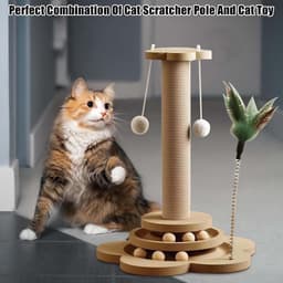 4-in-1 houten kattenrolspeelgoed 2-laags draaitafel interactief houten kattenrolspeelgoed met veren en kattenmuntballen, 40 cm kattenkrabpaal van sisal touw met hangende bal (Groot) — thumbnail 3