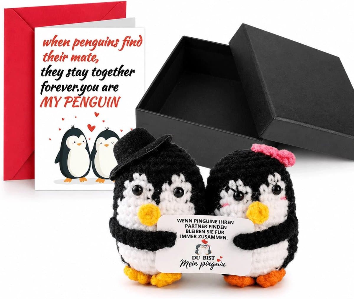 Pinguïn cadeau - handgehaakt figuur - met liefdeskaart - perfect voor geliefden - SnelShoppen — afbeelding 1