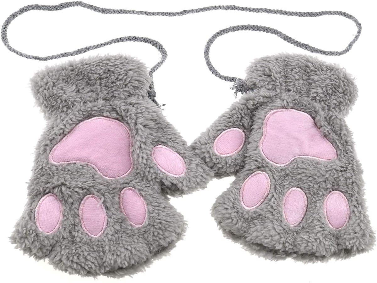 Vrouwen Meisje Kat Klauw Poot Winter Zachte Pluche Half Vingerloze Warme Handschoen Grijs, Grijs, 16 x 20 cm — afbeelding 1