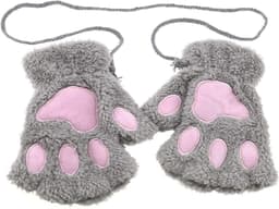 Vrouwen Meisje Kat Klauw Poot Winter Zachte Pluche Half Vingerloze Warme Handschoen Grijs, Grijs, 16 x 20 cm — thumbnail 1
