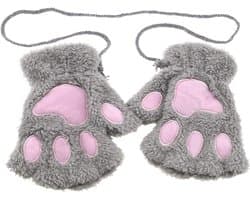Vrouwen Meisje Kat Klauw Poot Winter Zachte Pluche Half Vingerloze Warme Handschoen Grijs, Grijs, 16 x 20 cm