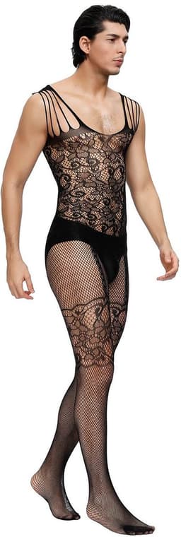 Zeloria Heren Bodystocking Visnet Catsuit – Transparante Heren Lingerie met Kant – Bodystocking voor Mannen – Mesh Stretch Bodysuit – Zwart – XS/M — thumbnail 2