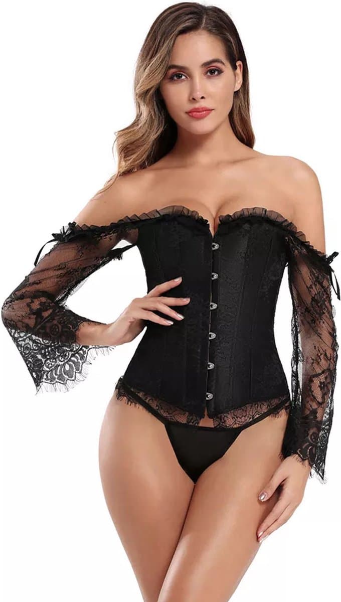 Corset Dames Zwart Kant – Off Shoulder Sexy Lingerie – Lange Mouwen — afbeelding 1