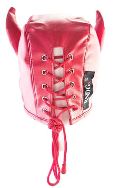 BNDGx® - BDSM Duivel seks Masker - Nep leer stof - Vetersluiting Rood met hoorns — thumbnail 7
