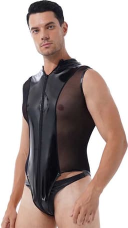 Mannen latex wetlook Catsuit - Erotische bodysuit PU Leder - Jumpsuit - Mouwloos - Transparante zijkanten - Ritssluiting — thumbnail 3