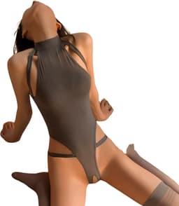 Sexy Bodysuit met Open Kruis - Grijs - Elastische Bodysuit - Zilveren Ring Detail - One Size — thumbnail 4