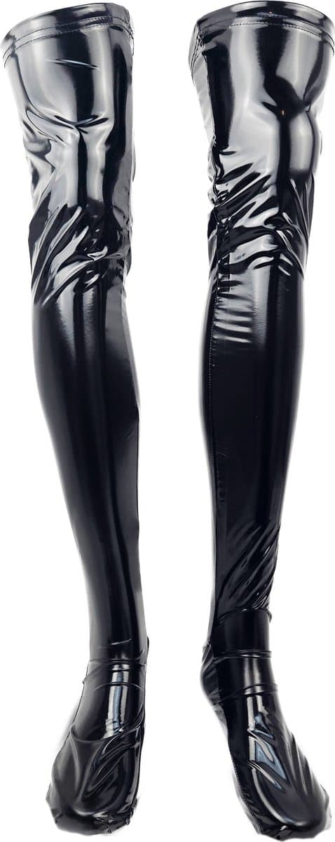 BamBella® - Kousen - Maat L/XL - Zwart - Datex (Mix latex en stof ) - Sexy Kniekousen van Super Glans Fetish kleding bdsm Dames sokken — afbeelding 1