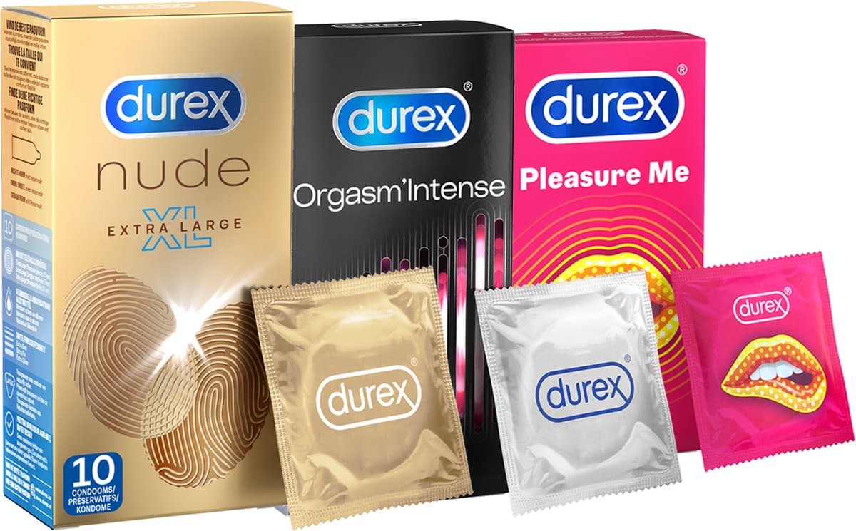 Durex - 30 stuks Condooms - Pleasure Me 1x10 stuks - Orgasm Intense 1x10 stuks - Nude No Latex 1x10 stuks - Voordeelverpakking — afbeelding 1
