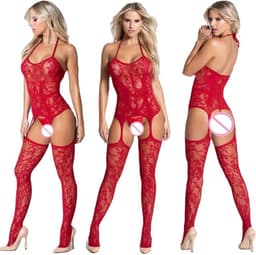 Full Body Lingerie set | Kanten Uitdagende body + Brazilian String | One size body - Rood — thumbnail 2