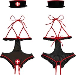 Sexy Verpleegster Lingerie Pakje - 2-delig Zwart Verkleedpakje - Body & Haarband - Zuster Kostuum - Dokter Rollenspel / Cosplay - Open Kruis Lingerie Ondergoed voor Dames - Maat S — thumbnail 5