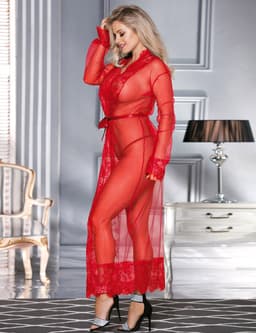 Zeloria Lange Mesh Kimono met Kant – Transparante Lingerie Robe met Ceintuur – Rood– XL/XXL — thumbnail 13