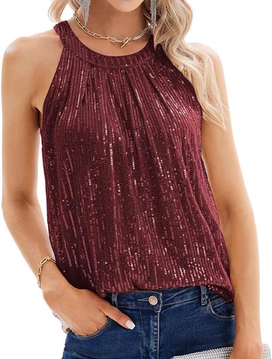 Halter Tank Tops voor Dames met Pailletten - Mouwloos, Sprankelend, Casual, Rimpels en Geschikt voor Feestjes en Avonden — afbeelding 1