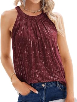 Halter Tank Tops voor Dames met Pailletten - Mouwloos, Sprankelend, Casual, Rimpels en Geschikt voor Feestjes en Avonden — thumbnail 1