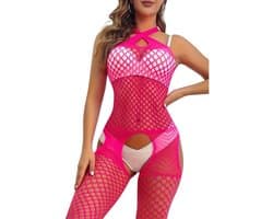 Plus Size Bodysuit Roze - Open Kruis - Erotische Lingerie - Incl. Zwarte Kruis-Tepelstickers - One Size M-XL | LekkerStout | ( LS252 )