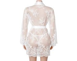 Zeloria Kanten Kimono Set met String – Transparante Sexy Nachtmode – Wit – XS/S