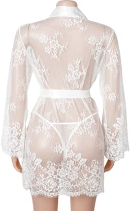 Zeloria Kanten Kimono Set met String – Transparante Sexy Nachtmode – Wit – XS/S — thumbnail 1