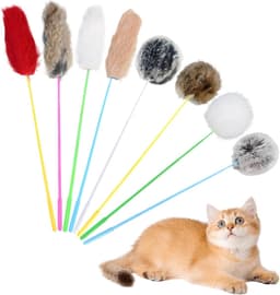 8 stuks plumeau voor katten, realistisch, konijnenbont in de vorm van een sferische band, speelgoed met konijnenhaar, educatief toverstaf voor katten, voor interactieve jachtspellen, 35 cm lang — thumbnail 1