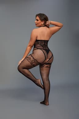 Christine le Duc - Catsuit Curvy met Bloemenprint van Kant - Lingerie Erotisch - Zwart — thumbnail 1