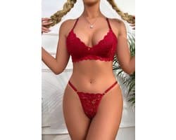 La Nuita Rode Kanten Lingerie Set - Bordeaux Rode Bh en String - Verleidelijke Tweedelige Dames Bh Set - Claret Rood - S t/m XL