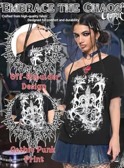 Gothic Off-Shoulder T-shirt voor Vrouwen - Punkstijl Grunge Top met Korte Mouwen — thumbnail 3