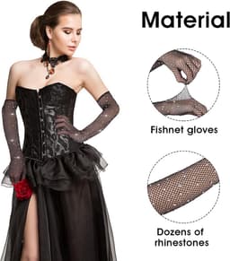 Lange Zwarte Visnet Handschoenen met Strass voor Dames - Feest en Cosplay Accessoire — thumbnail 5