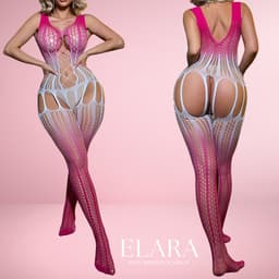 Elara - Seliora - Bodystocking Erotische Lingerie met Open Kruis - Catsuit - S t/m XL - Sexy Dames Lingerie - Roze/Wit — thumbnail 1