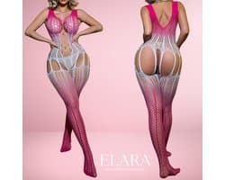 Elara - Seliora - Bodystocking Erotische Lingerie met Open Kruis - Catsuit - S t/m XL - Sexy Dames Lingerie - Roze/Wit