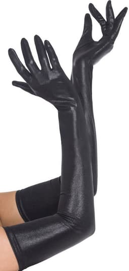 Zwarte lange wetlook handschoenen voor dames — thumbnail 2
