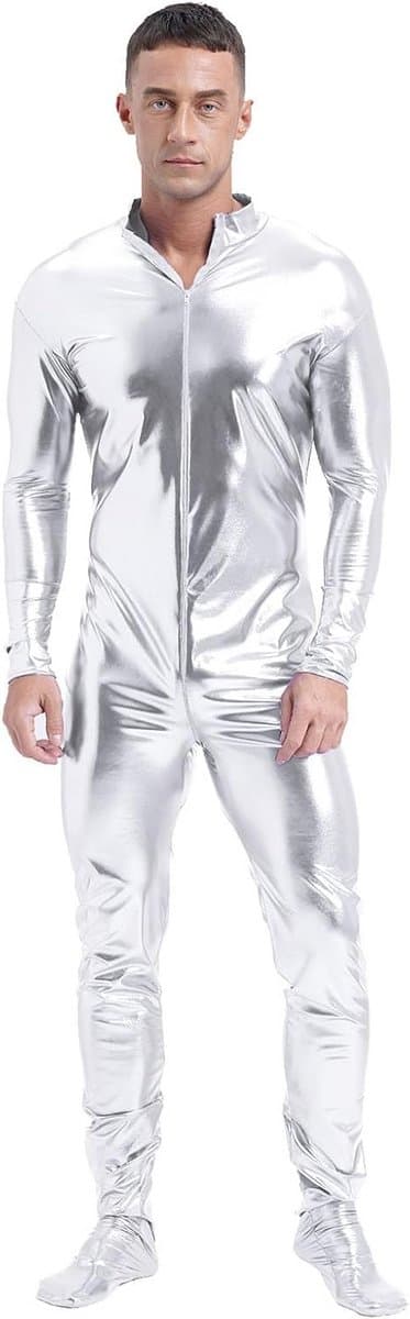 Glanzend Metallic Bodysuit Heren - Strakke Jumpsuit met Ritssluiting voor Feest en Carnaval — afbeelding 1