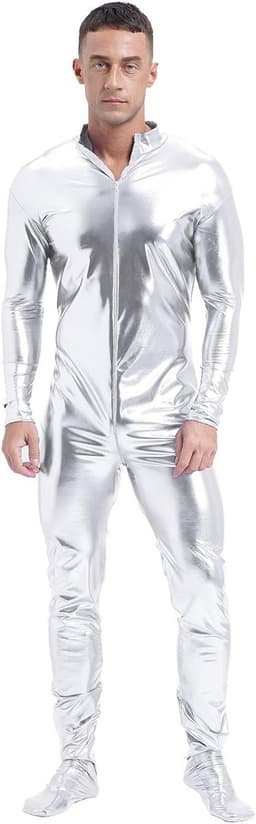Glanzend Metallic Bodysuit Heren - Strakke Jumpsuit met Ritssluiting voor Feest en Carnaval — thumbnail 1