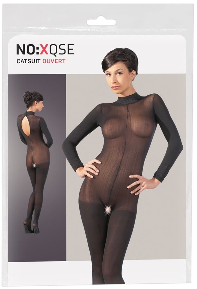 Mandy Mystery Lingerie – Catsuit met Open Rug en Kruis met Kant Afgewerkt Kraag – Maat M/L - Zwart — afbeelding 1