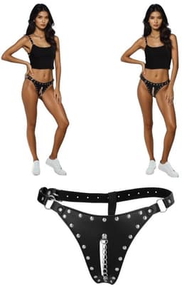 Sexy PU-Lederen Kuisheidsgordel G-String met Studs en Ketting - Verstelbare BDSM Lingerie Vrouwen - One Size SM Harnas — thumbnail 2