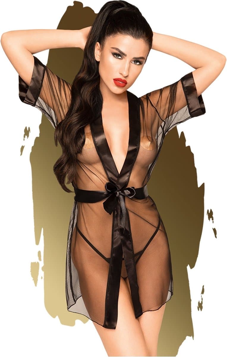 Penthouse Lingerie Kimono Midnight Mirage - Erotische Lingerieset - Maat XL - Zwart — afbeelding 1