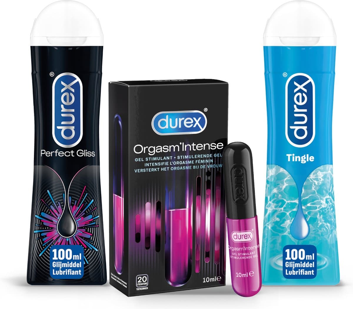Durex - 210ml Glijmiddel - Perfect Gliss 1x100ml - Intense Orgasm 1x10ml - Play Tingle 1x100ml - Voordeelverpakking — afbeelding 1