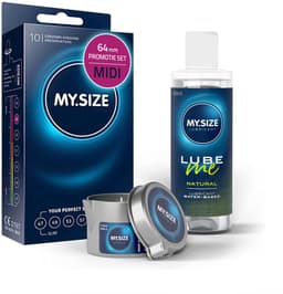 Voordeelverpakking MY.SIZE-condooms 64 mm, pak van 10 + MY.SIZE natuurlijk glijmiddel 100 ml + MY.SIZE-massagekaars — thumbnail 1