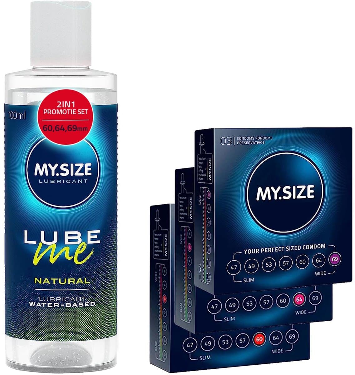 MY.SIZE condoom- + glijmiddelset met 100 ml Lube Me Natural & 3x3 condooms 60, 64, 69 mm | Glijmiddel op waterbasis | Glijmiddel geschikt voor toys & latexcondooms — afbeelding 1